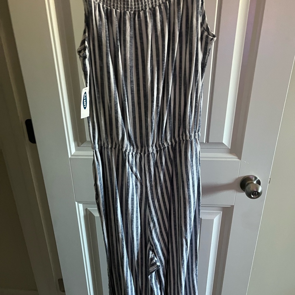 Old Navy Linen Blend Striped Blue and White Jumpsuit
